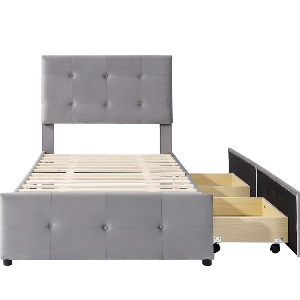 Lit adulte lit 90x200 cm lit rembourré lit 2 tiroirs lit sommier à lattes Single tissu en velours gris>Gutent Hot