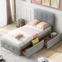 Lit adulte lit 90x200 cm lit rembourré lit 2 tiroirs lit sommier à lattes Single tissu en velours gris><noscript><img width=