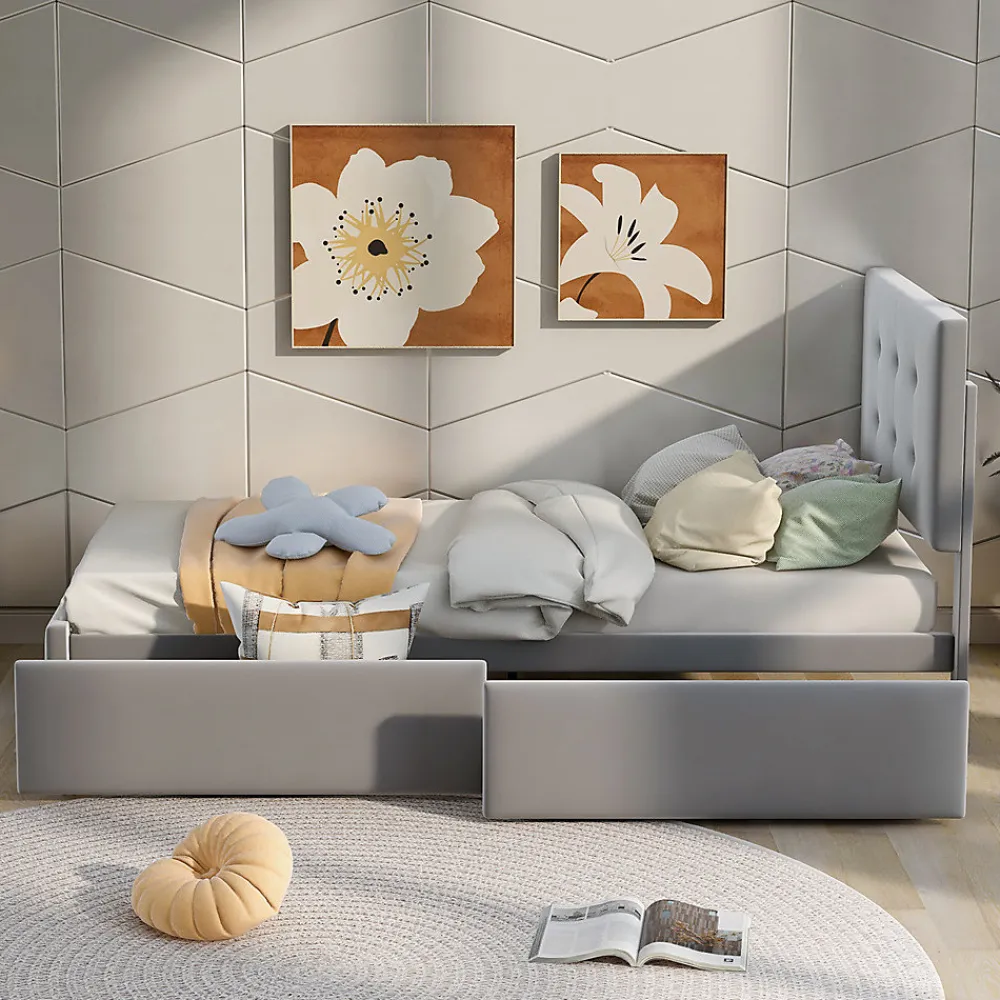 Lit adulte lit 90x200 cm lit rembourré lit 2 tiroirs lit sommier à lattes Single tissu en velours gris>Gutent Hot