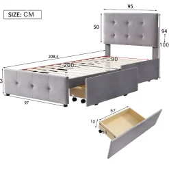 Lit adulte lit 90x200 cm lit rembourré lit 2 tiroirs lit sommier à lattes Single tissu en velours gris><noscript><img width=