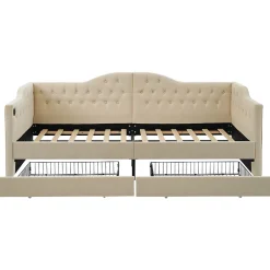 Gutent Lit adulte lit 90x200 cm lit rembourré avec 2 tiroirs Single velours beige* Lit Avec Rangement