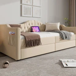 Gutent Lit adulte lit 90x200 cm lit rembourré avec 2 tiroirs Single velours beige* Lit Avec Rangement