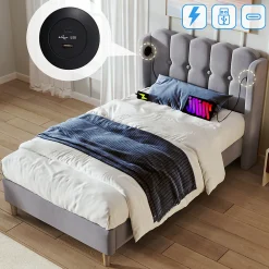 Lit adulte lit 90x200 cm lit rembourré avec fonction de charge usb type c Single lin gris>Gutent Online