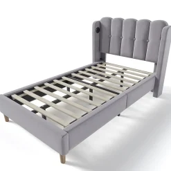 Lit adulte lit 90x200 cm lit rembourré avec fonction de charge usb type c Single lin gris><noscript><img width=
