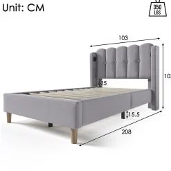 Lit adulte lit 90x200 cm lit rembourré avec fonction de charge usb type c Single lin gris><noscript><img width=