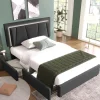 Lit adulte lit 90x200 cm lit rembourré lit eclairage led lit 2 tiroirs lit sommier à lattes en bois Single lin gris>Gutent Clearance