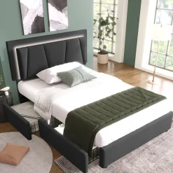 Lit adulte lit 90x200 cm lit rembourré lit eclairage led lit 2 tiroirs lit sommier à lattes en bois Single lin gris>Gutent Clearance