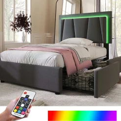 Lit adulte lit 90x200 cm lit rembourré lit eclairage led lit 2 tiroirs lit sommier à lattes en bois Single lin gris>Gutent Clearance