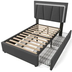Lit adulte lit 90x200 cm lit rembourré lit eclairage led lit 2 tiroirs lit sommier à lattes en bois Single lin gris><noscript><img width=