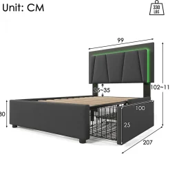 Lit adulte lit 90x200 cm lit rembourré lit eclairage led lit 2 tiroirs lit sommier à lattes en bois Single lin gris><noscript><img width=