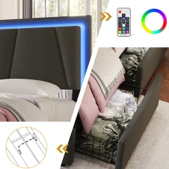 Lit adulte lit 90x200 cm lit rembourré lit eclairage led lit 2 tiroirs lit sommier à lattes en bois Single lin gris><noscript><img width=