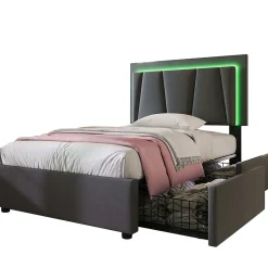 Lit adulte lit 90x200 cm lit rembourré lit eclairage led lit 2 tiroirs lit sommier à lattes en bois Single lin gris><noscript><img width=