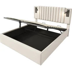 Gutent Lit adulte lit 180x200 cm lit rembourré lit de rangement avec sommier à lattes lit double coton beige* Lit Avec Rangement