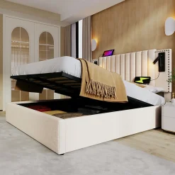 Gutent Lit adulte lit 180x200 cm lit rembourré lit de rangement avec sommier à lattes lit double coton beige* Lit Avec Rangement