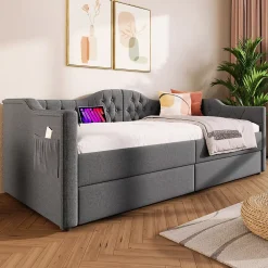Gutent Lit adulte lit 90x200 cm lit rembourré avec 2 tiroirs Single lin gris* Lit Avec Rangement