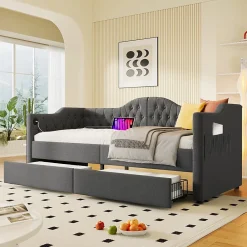Gutent Lit adulte lit 90x200 cm lit rembourré avec 2 tiroirs Single lin gris* Lit Avec Rangement