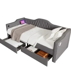 Gutent Lit adulte lit 90x200 cm lit rembourré avec 2 tiroirs Single lin gris* Lit Avec Rangement