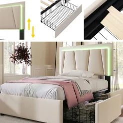 Lit adulte lit 90x200 cm lit rembourré lit eclairage led lit 2 tiroirs lit sommier à lattes en bois Single lin beige>Gutent New
