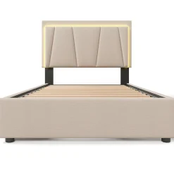 Lit adulte lit 90x200 cm lit rembourré lit eclairage led lit 2 tiroirs lit sommier à lattes en bois Single lin beige><noscript><img width=