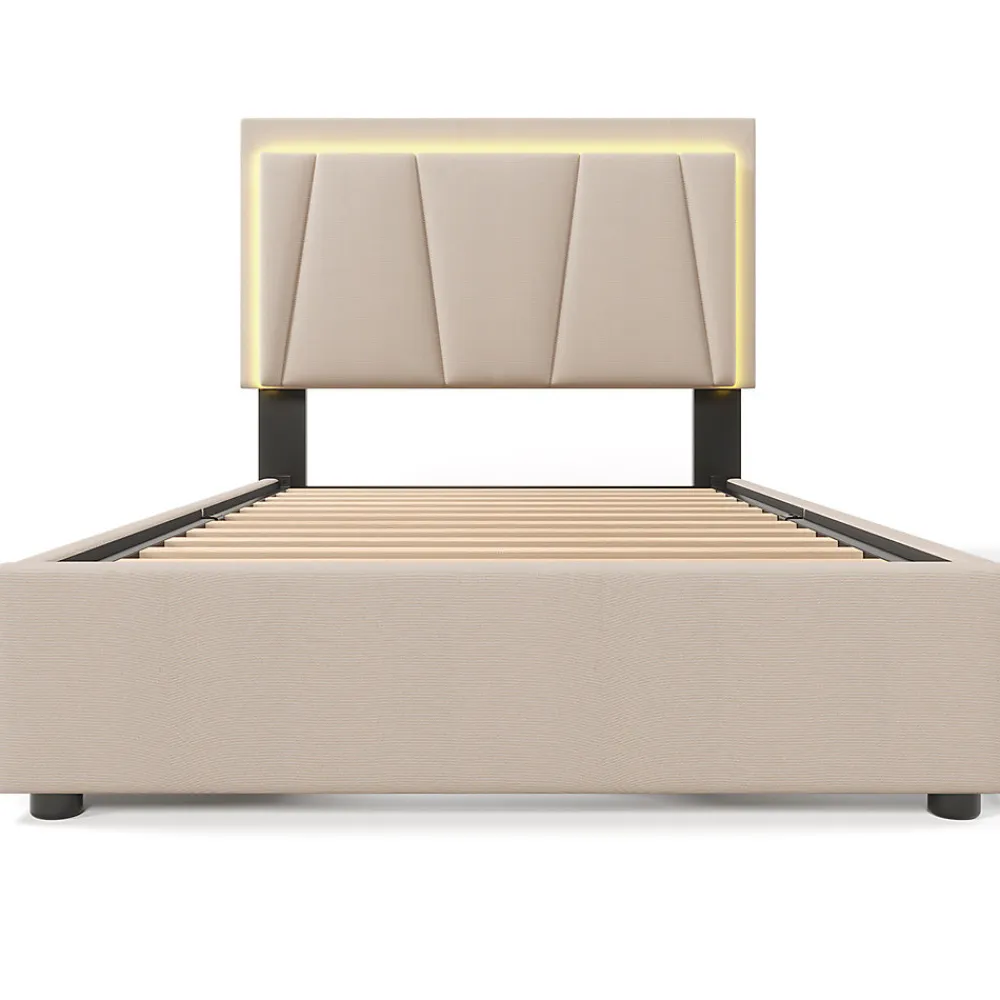 Lit adulte lit 90x200 cm lit rembourré lit eclairage led lit 2 tiroirs lit sommier à lattes en bois Single lin beige>Gutent New