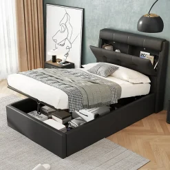 Lit adulte lit 90x200 cm lit rembourré hydraulique Single avec sommier à lattes pu noir>Gutent Hot