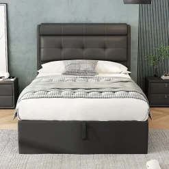 Lit adulte lit 90x200 cm lit rembourré hydraulique Single avec sommier à lattes pu noir>Gutent Hot