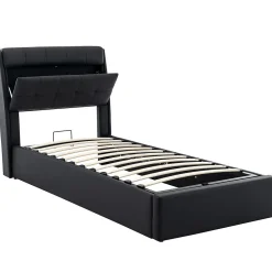 Lit adulte lit 90x200 cm lit rembourré hydraulique Single avec sommier à lattes pu noir><noscript><img width=