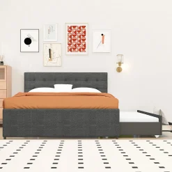 Lit adulte lit 140x200 cm lit rembourré avec trois tiroirs lit double lin gris><noscript><img width=