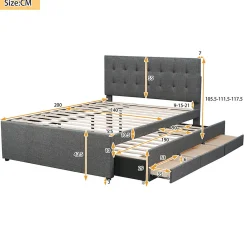 Lit adulte lit 140x200 cm lit rembourré avec trois tiroirs lit double lin gris><noscript><img width=
