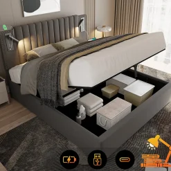 Lit adulte lit 140x200 cm lit rembourré lit de rangement avec sommier à lattes lit double coton gris>Gutent