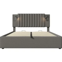 Lit adulte lit 140x200 cm lit rembourré lit de rangement avec sommier à lattes lit double coton gris><noscript><img width=