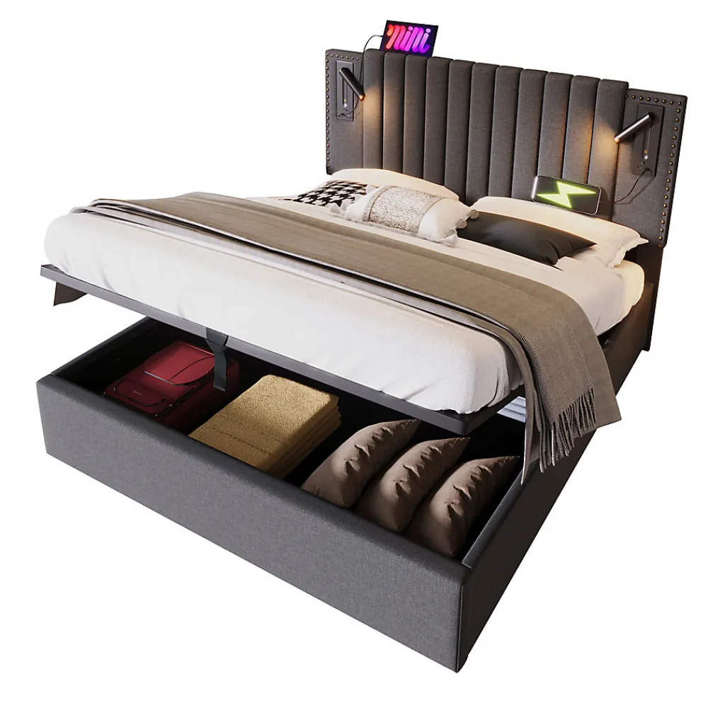 Lit adulte lit 140x200 cm lit rembourré lit de rangement avec sommier à lattes lit double coton gris>Gutent