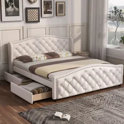Lit adulte lit 140x200 cm lit rembourré avec sommier à lattes lit 2 tiroirs lit double pu blanc>Gutent