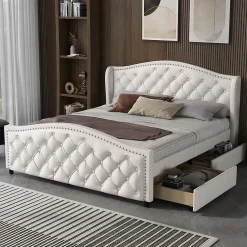 Lit adulte lit 140x200 cm lit rembourré avec sommier à lattes lit 2 tiroirs lit double pu blanc>Gutent