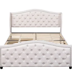 Lit adulte lit 140x200 cm lit rembourré avec sommier à lattes lit 2 tiroirs lit double pu blanc><noscript><img width=