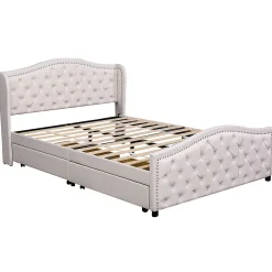 Lit adulte lit 140x200 cm lit rembourré avec sommier à lattes lit 2 tiroirs lit double pu blanc><noscript><img width=