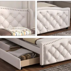 Lit adulte lit 140x200 cm lit rembourré avec sommier à lattes lit 2 tiroirs lit double pu blanc><noscript><img width=