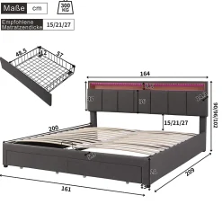 Gutent Lit adulte lit 160x200 cm lit rembourré hydraulique lit de rangement avec éclairage led lit double lin gris* Lit Avec Rangement