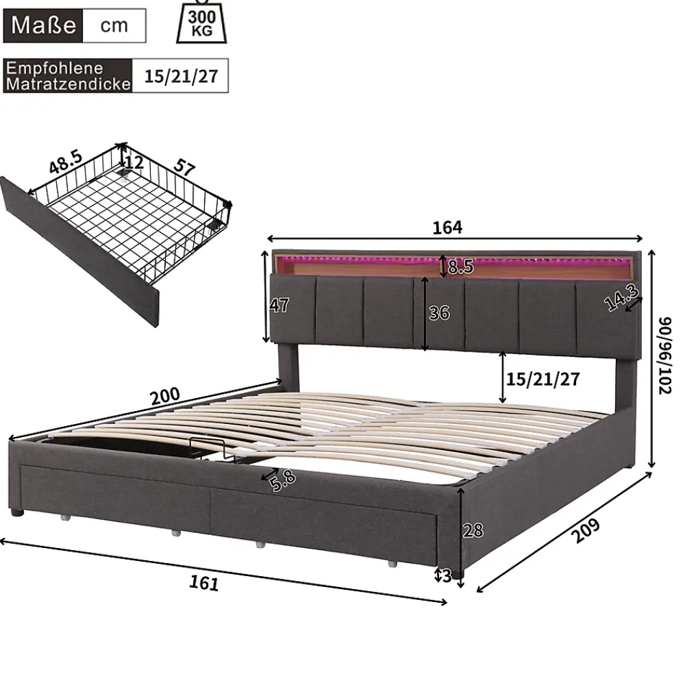 Gutent Lit adulte lit 160x200 cm lit rembourré hydraulique lit de rangement avec éclairage led lit double lin gris* Lit Avec Rangement