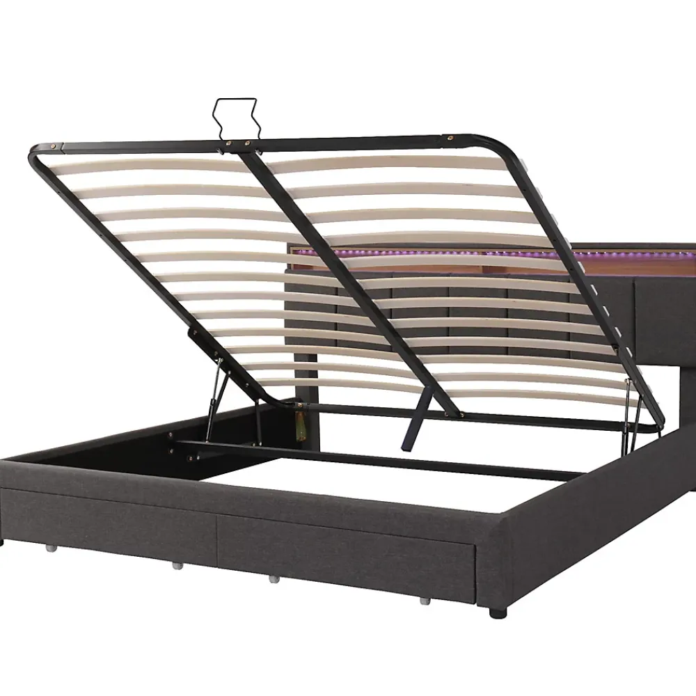 Gutent Lit adulte lit 160x200 cm lit rembourré hydraulique lit de rangement avec éclairage led lit double lin gris* Lit Avec Rangement