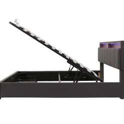 Gutent Lit adulte lit 160x200 cm lit rembourré hydraulique lit de rangement avec éclairage led lit double lin gris* Lit Avec Rangement