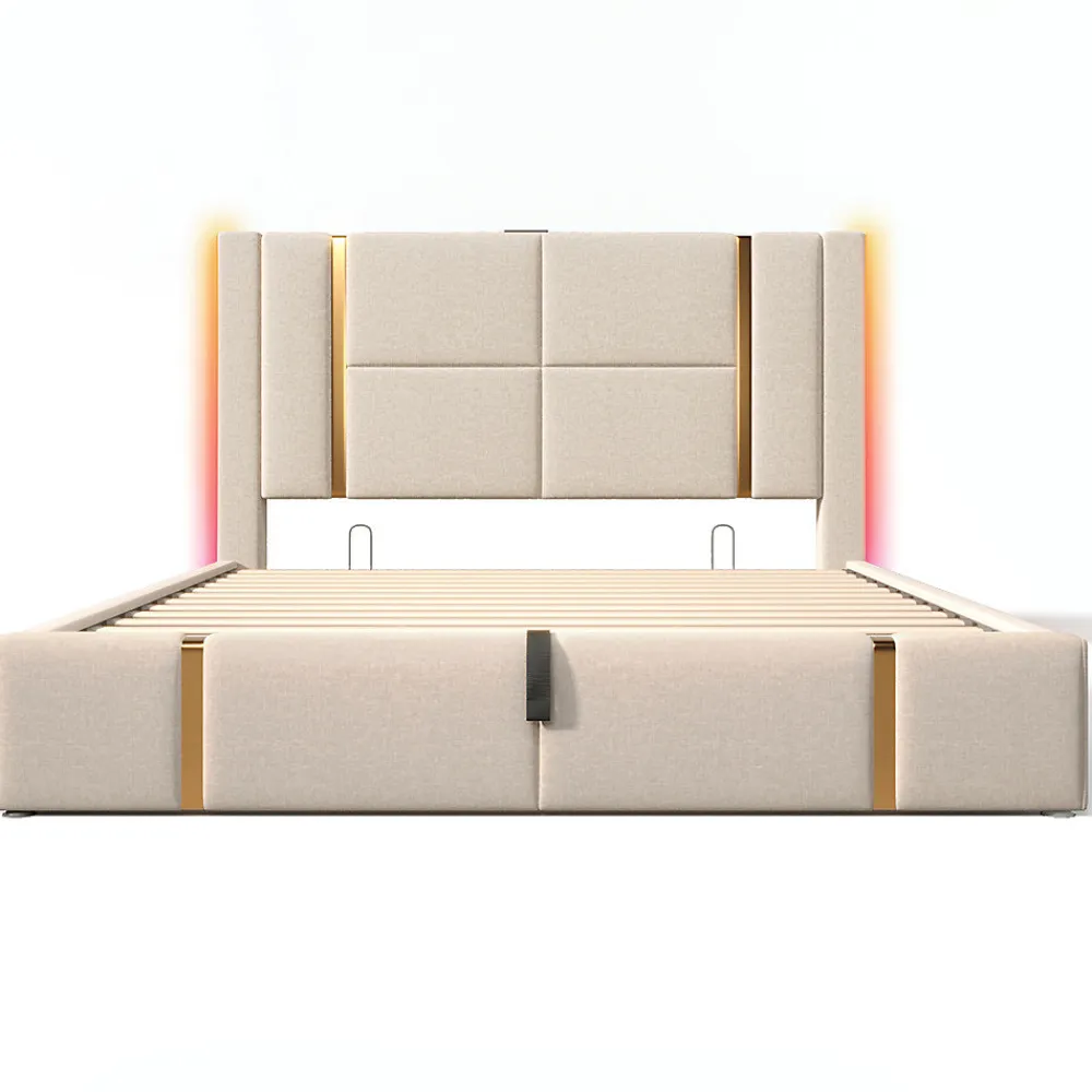 Lit adulte lit 160x200 cm lit rembourré lit de rangement lit sommier à lattes en bois lit double lin beige>Gutent
