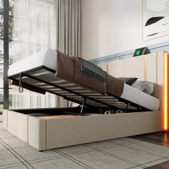Lit adulte lit 160x200 cm lit rembourré lit de rangement lit sommier à lattes en bois lit double lin beige><noscript><img width=