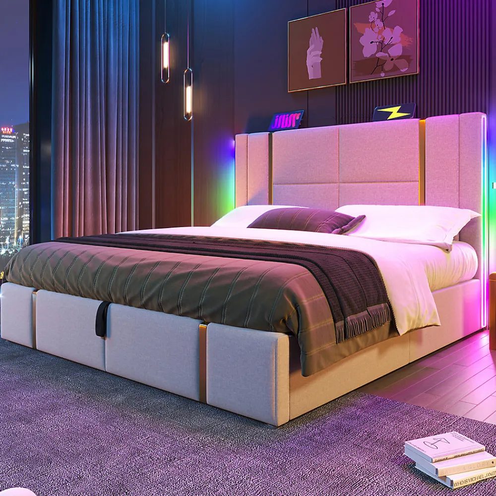 Lit adulte lit 160x200 cm lit rembourré lit de rangement lit sommier à lattes en bois lit double lin beige>Gutent