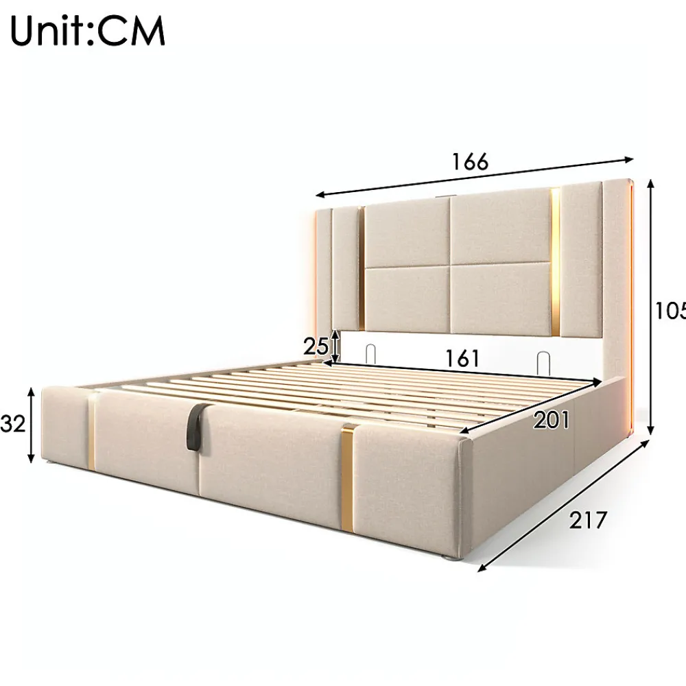 Lit adulte lit 160x200 cm lit rembourré lit de rangement lit sommier à lattes en bois lit double lin beige>Gutent