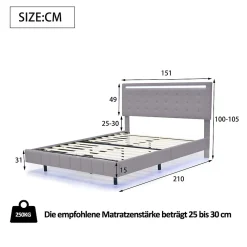 Lit adulte lit 140x200 cm lit rembourré avec lampes led lit double lin gris><noscript><img width=