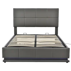 Gutent Lit adulte lit 140x200 cm lit rembourré hydraulique avec éclairage led lit double cuir synthétique gris foncé* Lit Double