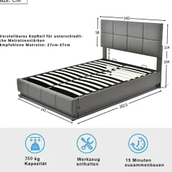 Gutent Lit adulte lit 140x200 cm lit rembourré hydraulique avec éclairage led lit double cuir synthétique gris foncé* Lit Double