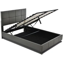 Gutent Lit adulte lit 140x200 cm lit rembourré hydraulique avec éclairage led lit double cuir synthétique gris foncé* Lit Double