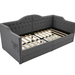 Gutent Lit adulte lit 90x190 cm lit rembourré avec 2 tiroirs Single lin gris* Lit Simple